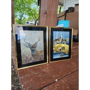 Vintage Set Of‎ 2 1980s Reverse Foil Etched Deer Wolf Art Framed and Signed Rare